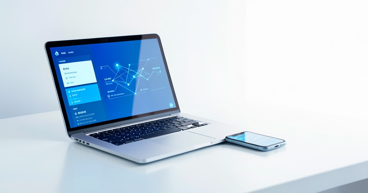 デスクの上に置かれたノートPCとスマートフォン。