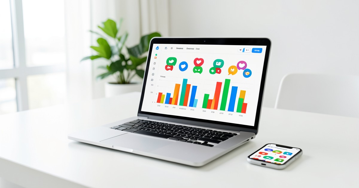デスク上のノートPCとスマートフォンに表示されたデータ分析のグラフとSNSのアイコン