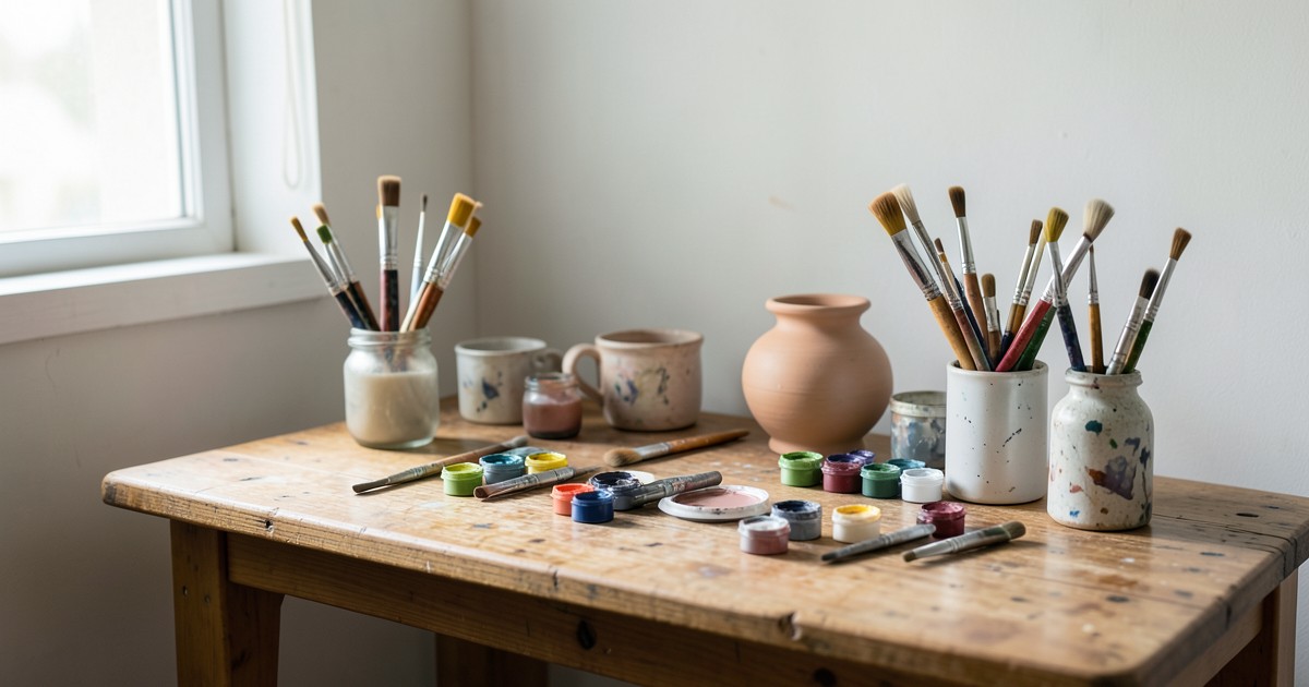 整理された整ったアトリエの作業机と創作道具の風景