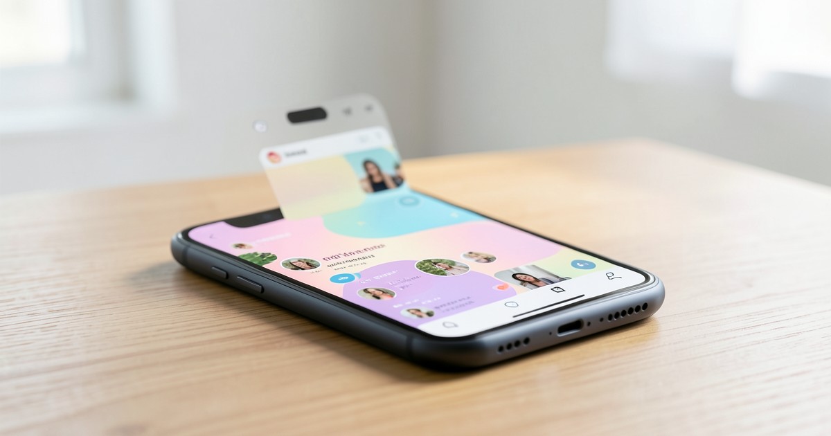 木の机の上に置かれた、カラフルなインターフェースが表示されたスマートフォンの画像。