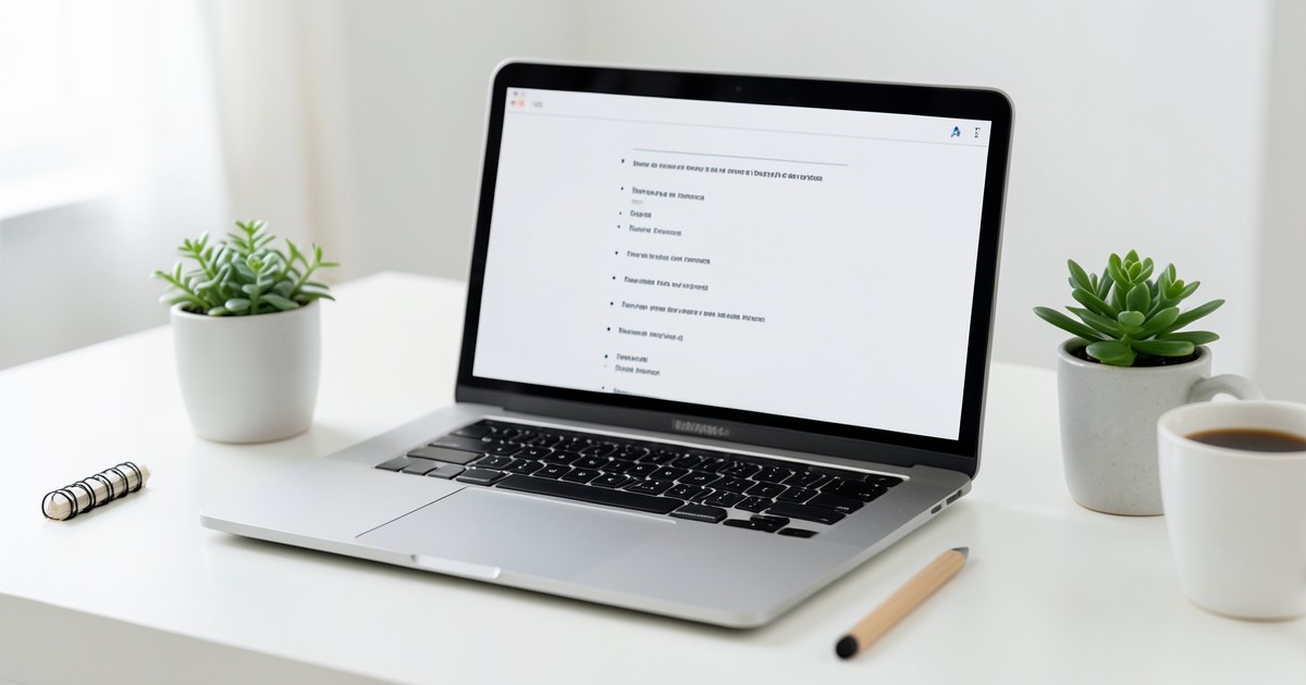 清潔感のあるデスクに置かれたノートPCとノート。画面には技術記事の構成案が表示されている。