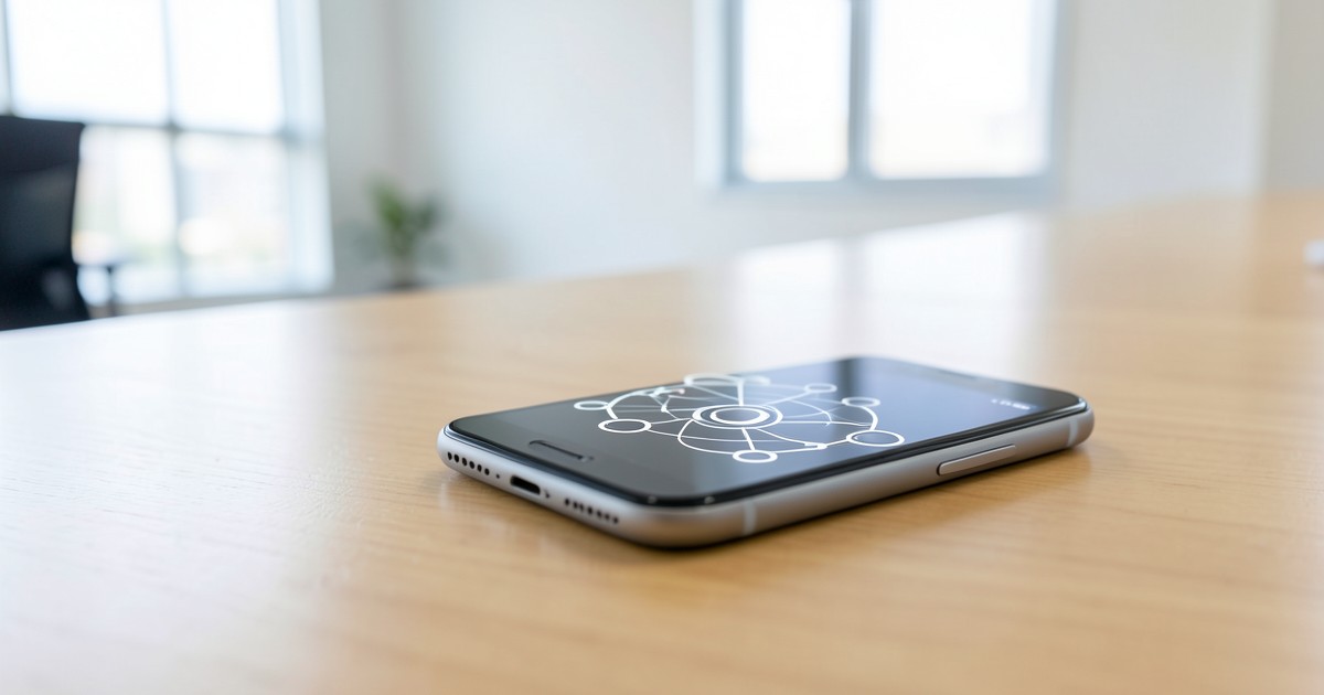 木製のデスクの上に置かれたスマートフォンに表示された、抽象的なネットワークの概念図