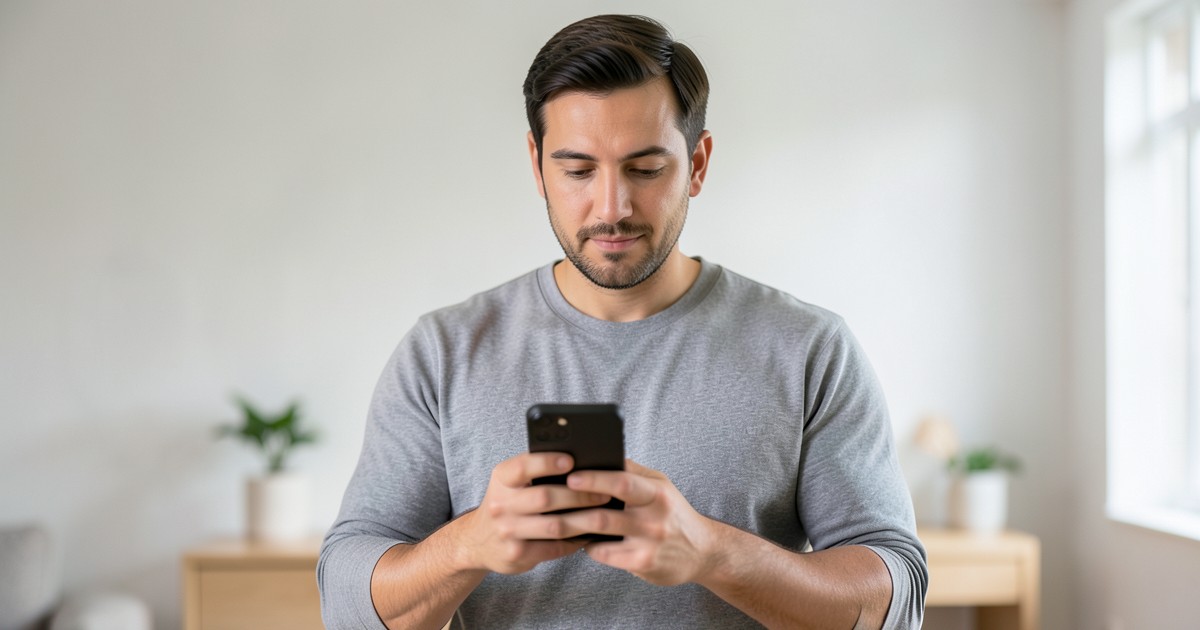 スマートフォンを操作する人物と、プライバシー保護を想起させる落ち着いた室内風景