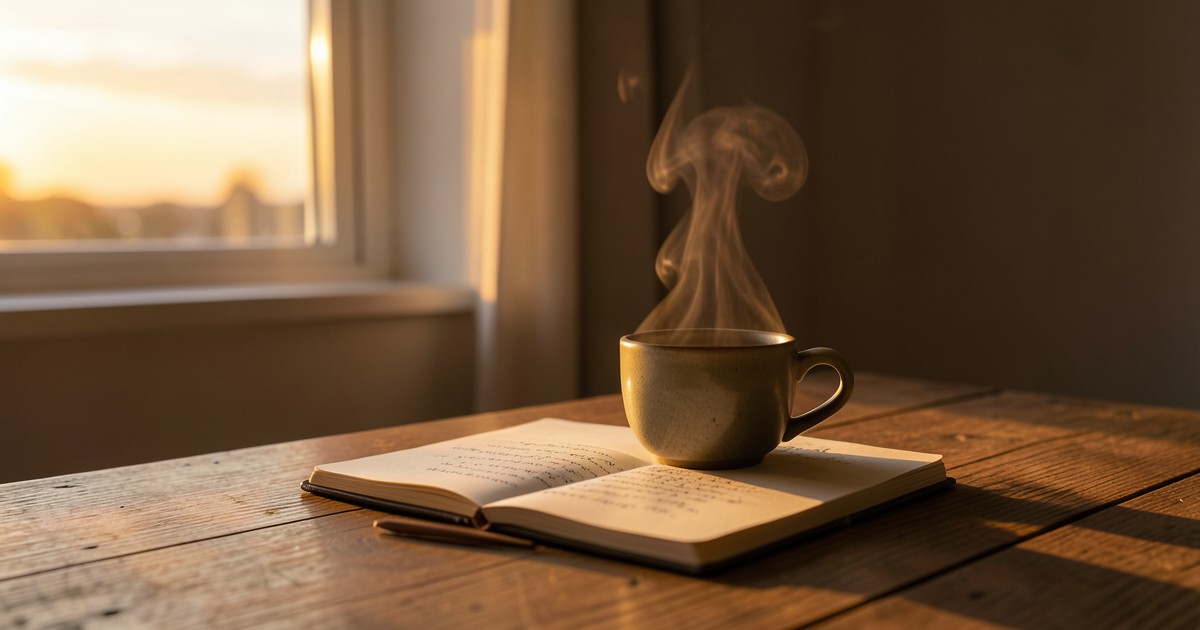 夕暮れ時の落ち着いた部屋で、温かいお茶と開かれたノートが置かれたテーブルの風景。