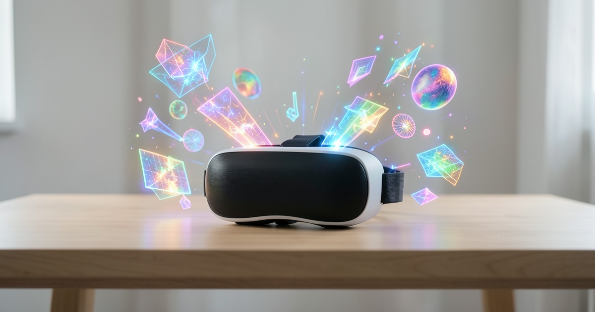 デスクの上に置かれたVRヘッドセットと、その周囲に浮かぶ抽象的なアート作品。