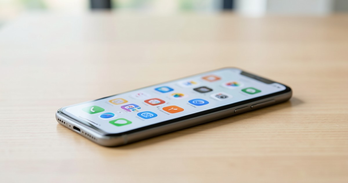 木の机の上に置かれた、整理されたアイコンが並ぶスマートフォンの画面。