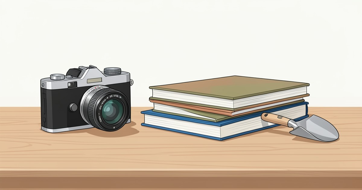趣味に関するアイテムが並んだ木製のテーブルのイラスト