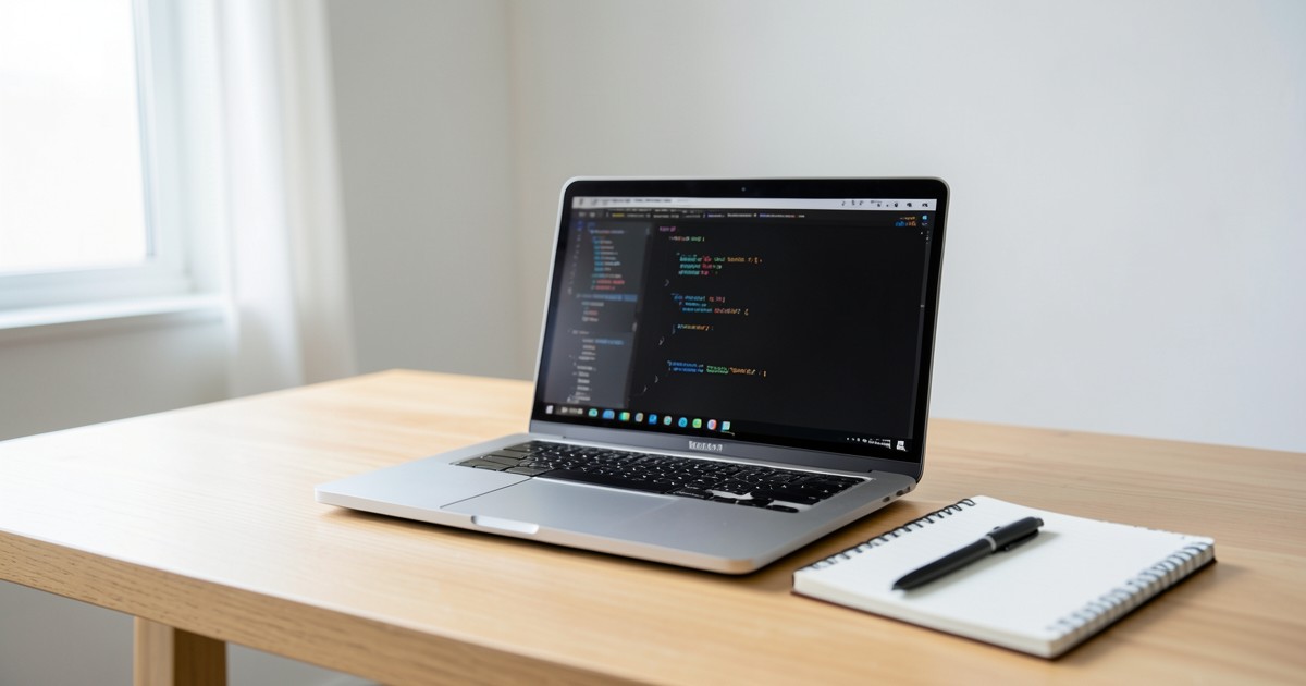 木の机の上に置かれた、コードが表示されたノートパソコンとノートの様子。