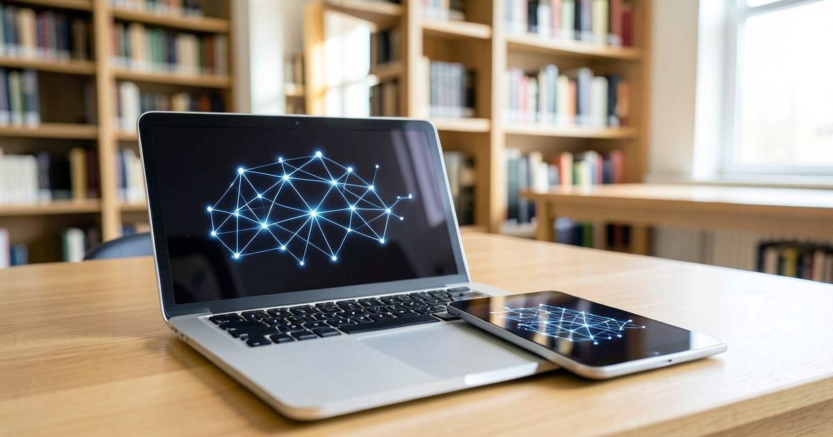 学習空間に置かれたノートパソコンとタブレットに映るネットワークの抽象図。