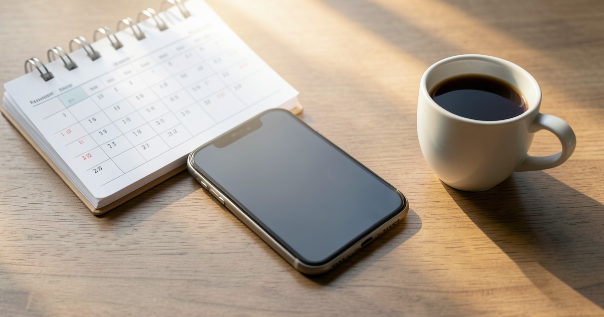 デスクの上にあるスマートフォンとカレンダー、コーヒーカップの風景
