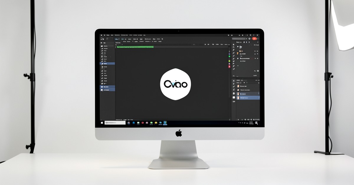 動画編集ソフトの画面とロゴのオーバーレイを表現したスタジオの風景。