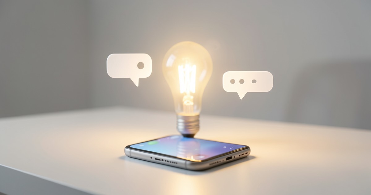 スマートフォンから吹き出すチャットの泡と電球の抽象的なイラスト