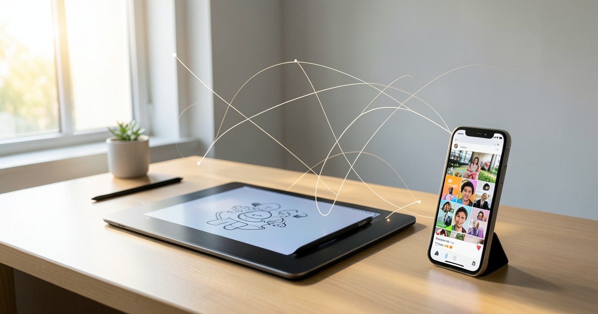 デジタルタブレットとスマートフォンが置かれた、整然としたクリエイターの制作デスクの風景。