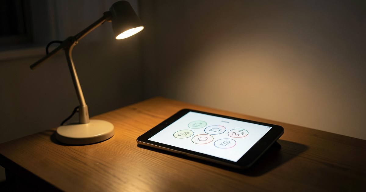 温かい照明が灯る落ち着いた部屋の机に置かれたタブレットと、コミュニティを象徴する抽象的な図形。