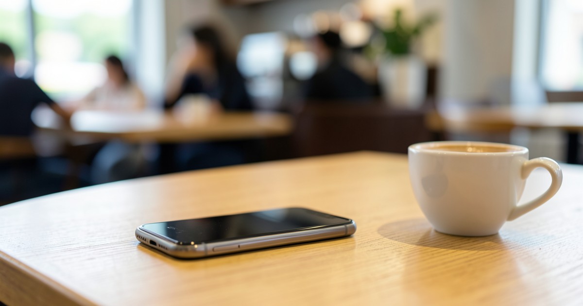 カフェのテーブルに置かれたスマートフォンとコーヒーの風景