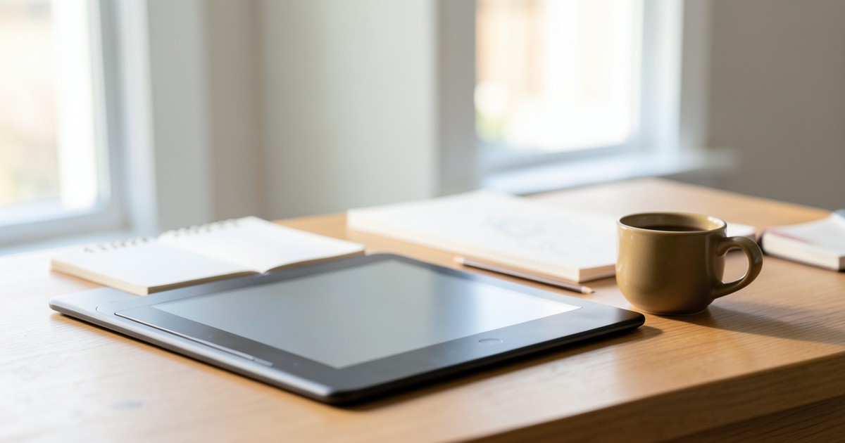 木製のデスクの上に置かれた液晶タブレット、スケッチブック、鉛筆、そして温かいコーヒーのカップ。