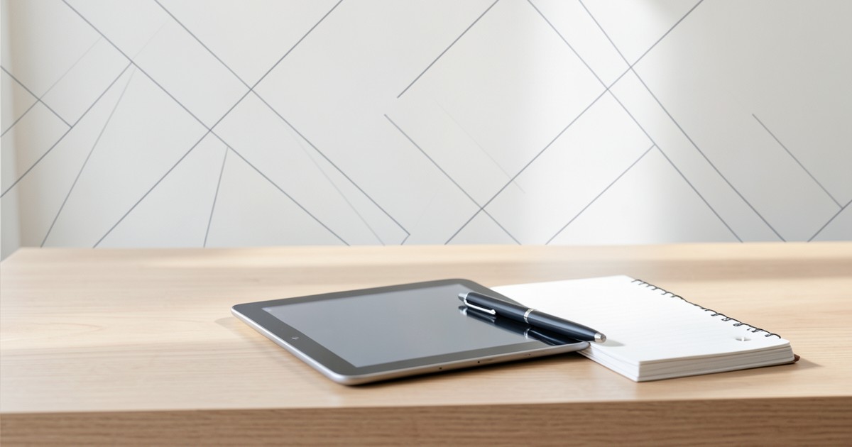 デジタルペンとノート、タブレットが並んだ整然としたデスクの風景