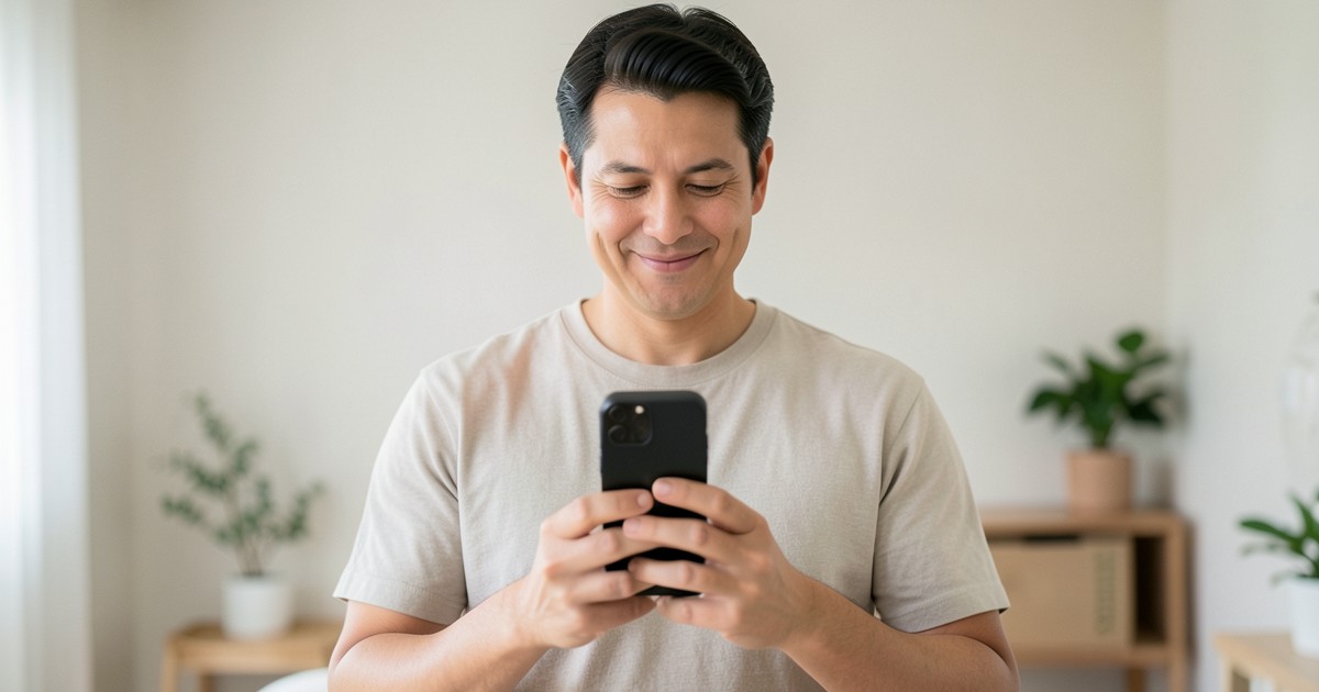 スマートフォンを手に持ち、穏やかに微笑む人物の画像。